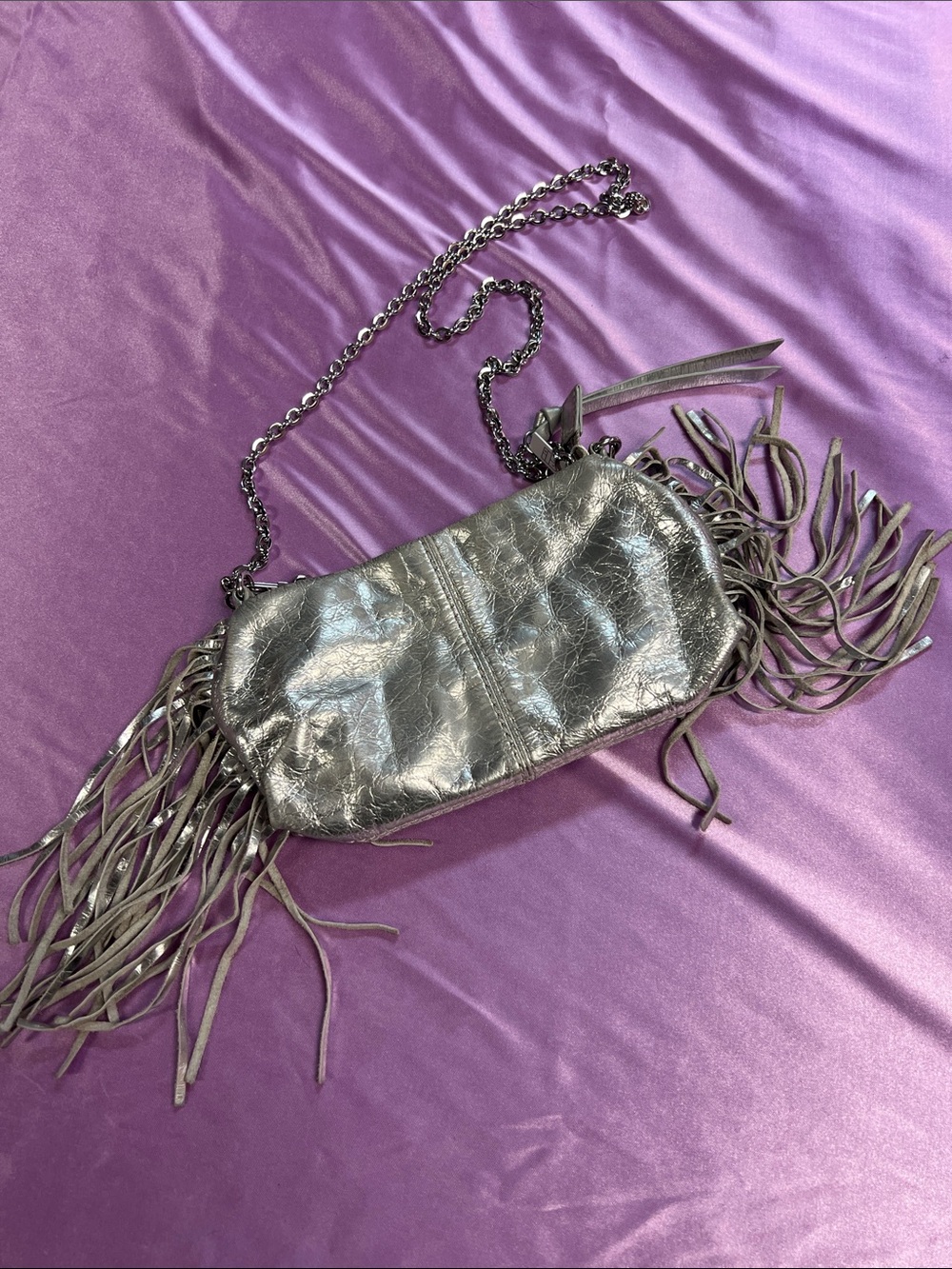 Maje Metallic Silver Fringe Crossbody Bag